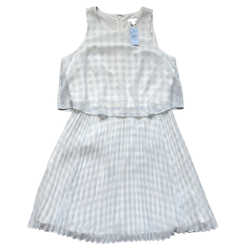 NWT Ann Taylor Size 10 Petite Blue White Gingham Pleated Flare Overlay Dress